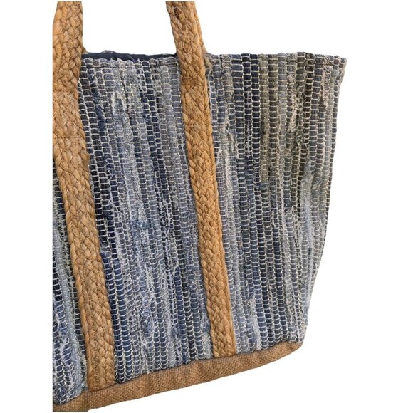 Straw Beach Shoulder Bag Boho Woven Mudpie India Jute Raffia Blue Metallic - Picture 2 of 10